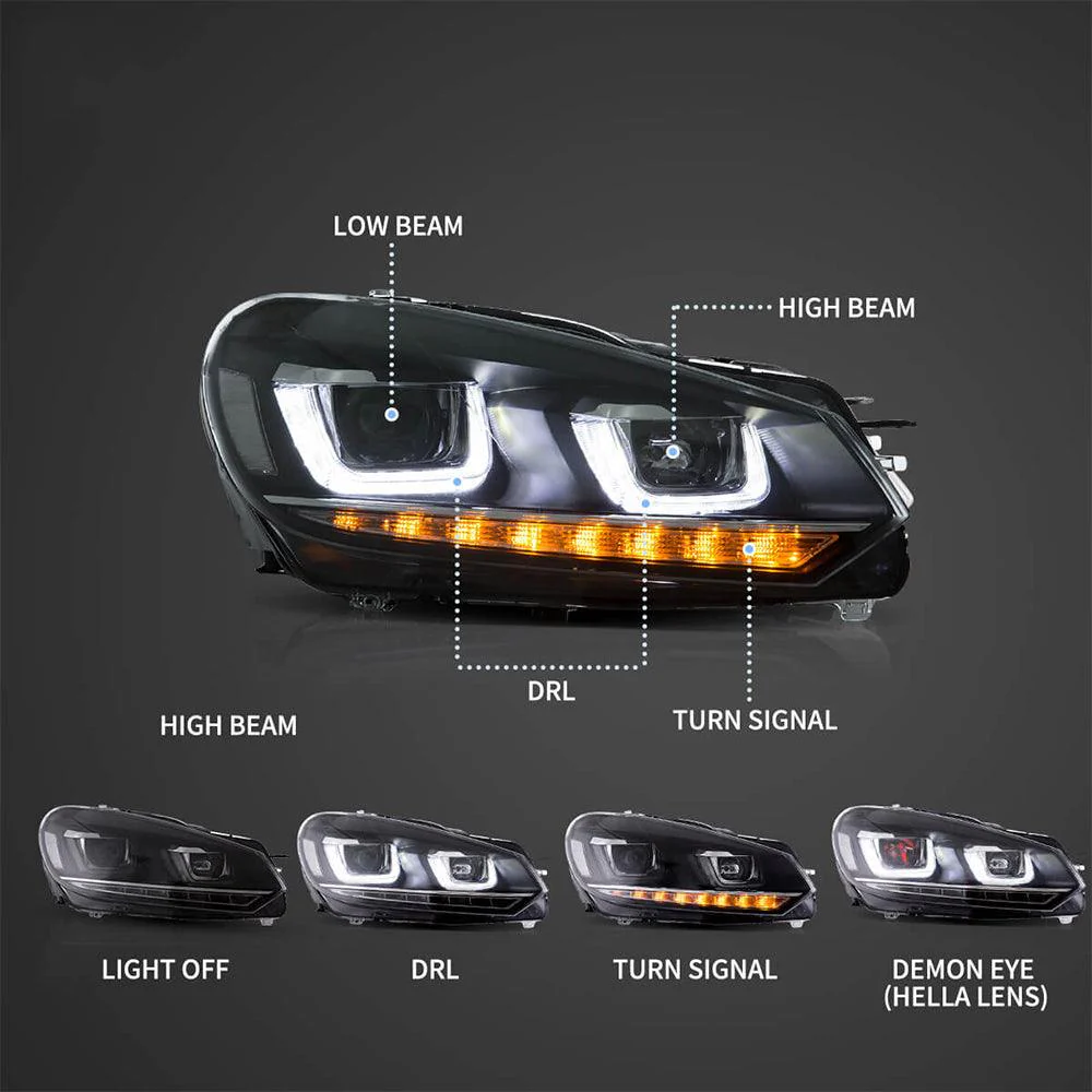 LED Headlight Assembly Dual Beam Projector with Demon Eyes Black For 2008-2014 Volkswagen Golf 6th Gen (Mk6/A6 Typ 5K) - Image 4