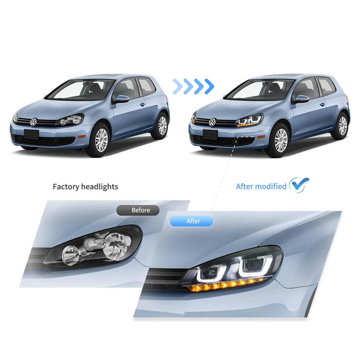 LED Headlight Assembly Dual Beam Projector with Demon Eyes Black For 2008-2014 Volkswagen Golf 6th Gen (Mk6/A6 Typ 5K) - Image 6