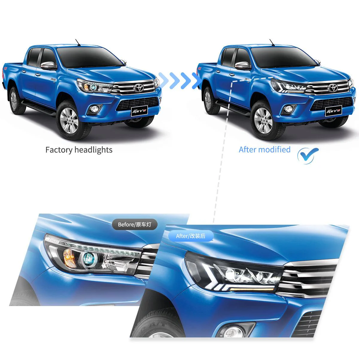 LED Headlight Assembly Dual Beam Projector Black For 2015-2020 Toyota Hilux SR5 8th Gens (GUN125, GUN126R) Pre-Facelift - Image 6