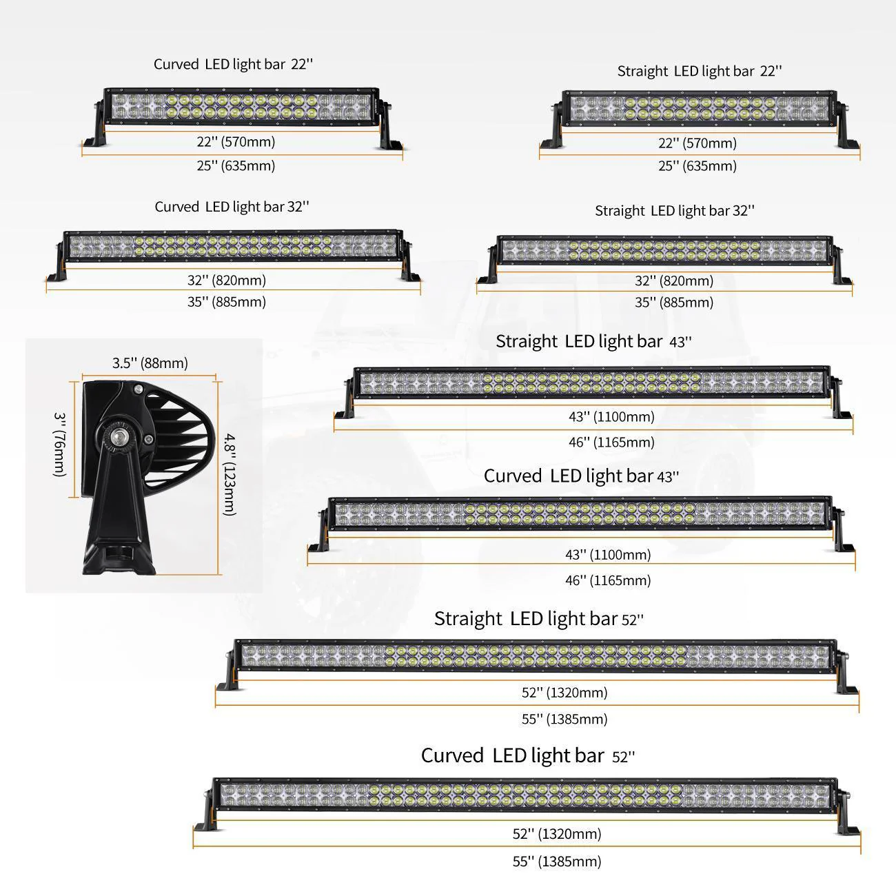 5D Series 22 Inch/32 Inch/42 Inch/50 Inch/52 Inch Combo Beam Straight/Curved Double Row LED Light Bar - Image 8