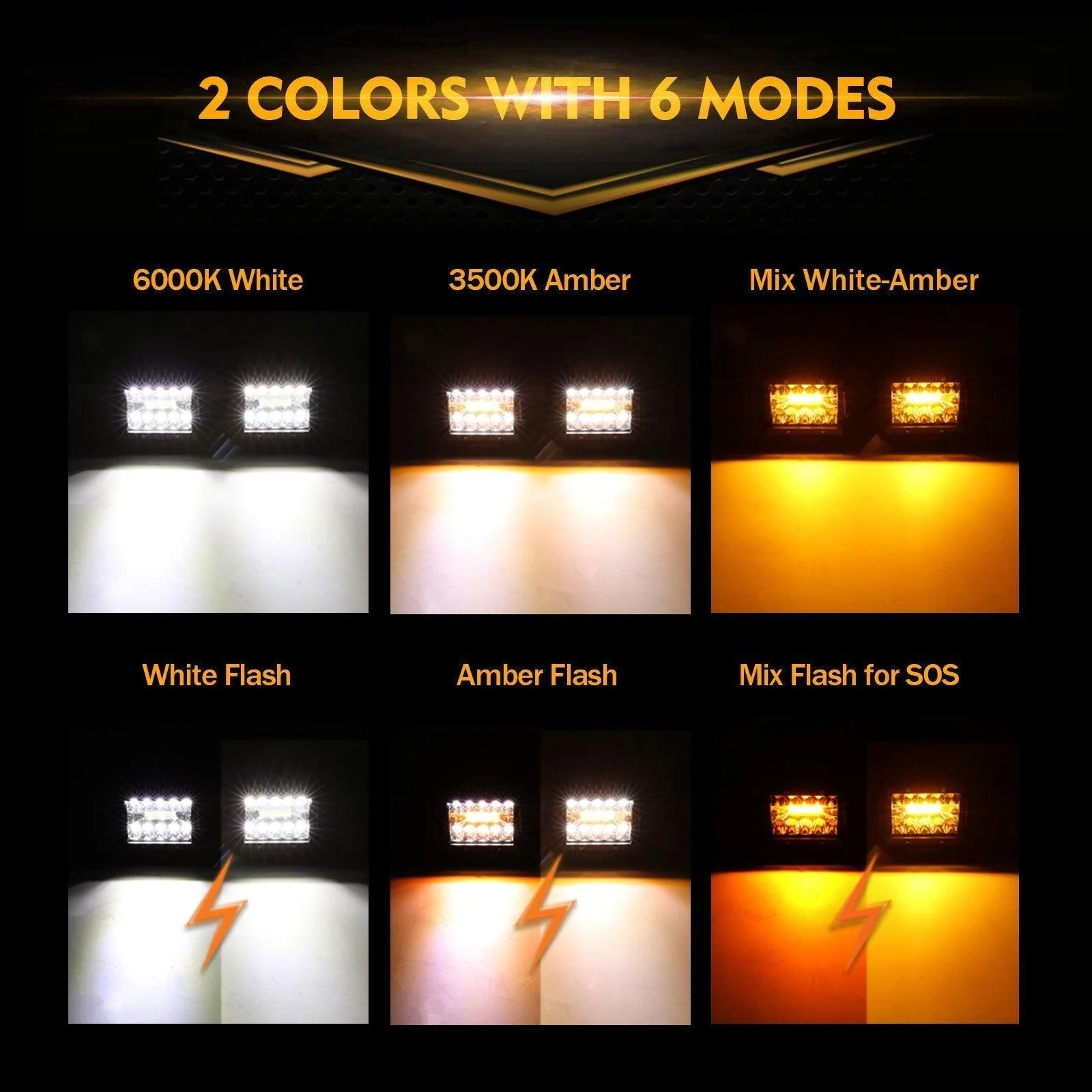 (2pcs/set) 3 inch 6 Modes White&Amber LED Square Light Pod Working Lights with Wiring Harness for SUV ATV UTV Trucks Pickup Boat - Image 5