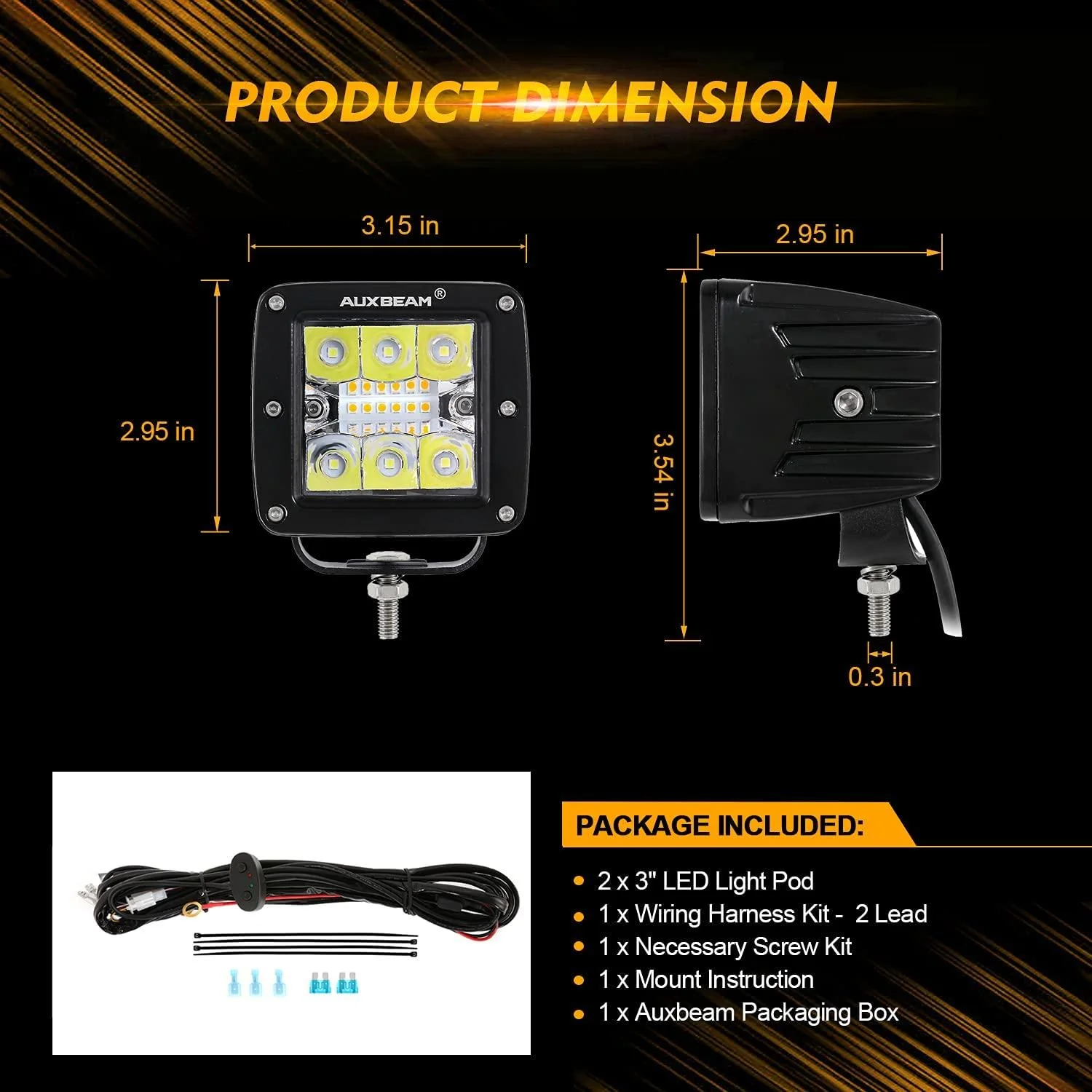 (2pcs/set) 3 inch 6 Modes White&Amber LED Square Light Pod Working Lights with Wiring Harness for SUV ATV UTV Trucks Pickup Boat - Image 7